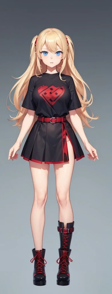 A solo full-body anime vtuber girl with long blond hair, blue eyes, medium breasts, wearing a t shirt, a red belted miniskirt and high boots. With simple background and outlined design to subdivide the body.