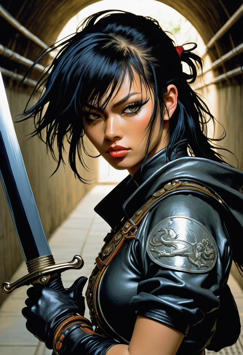 a close up of a woman with a sword in a tunnel, inspired by Masamune Shirow, jamie hewlett art, by Jamie Hewlett, by Masamune Shirow, by shirow masamune, style of masamune shirow, tiefling, inspired by Jamie Hewlett, iren horrors, tank girl