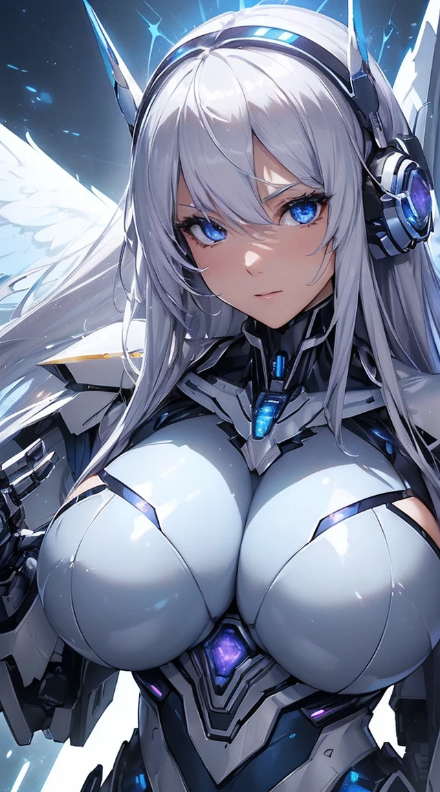 ((Extreme close up:1.6))、(((Lenses shining on both breasts:1.3)))、((Blue pillars of light radiate from both of his chests..:1.3))、break、(((Dynamic pose:1.8)))、smile、((8K)), ((32k)), ((Highest quality)), ((masterpiece)), ((超A high resolution)), ((Tmasterpiece)), ((Halation:1.4))、((Mechaニカルheadgear:1.2))、((Cyber headphones:1.3))Fine skin, High quality fabric, High-quality metal texture、((Beautiful and dense face))、RAW Photos、Professional, Ultra-fine painting, ((alone)), Beautiful breasts、Highest quality, Very detailed, Very detailed詳細, Finer details, so beautiful, ((Princess Knight Robot:1.2)), (Joint of the machine, Mechanical Limbs:1.3), (The internal structure of the machine is exposed:1.3), (Long silver hair:1.1), (Beautiful and huge mechanical breasts)、White Veil, cowboy_shot, Side Focus, headgear, Shiny、(Five Fingers, Four fingers and thumb),Concept Art, Anime fantasy artwork, Detailed fantasy art, (with pale blue-violet hair and large white wings,,,,,,,,), (((Long silver hair))), (Mecha:1.6)、Sleek and intimidating design, ((Commander-in-Chief'arm)), (Perfect robot body)、純白と青紫のarmまたは, Symmetrical wings, 8K High Resolution, Detailed Art, 3D rendering of character art in 8K, neat legs, Defined, Defined fingers,((headshot:1.3))
