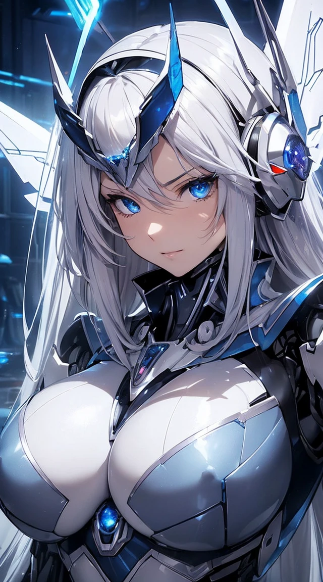 ((Extreme close up:1.6))、(((Lenses shining on both breasts:1.3)))、((Blue pillars of light radiate from both of his chests..:1.3))、break、(((Dynamic pose:1.8)))、smile、((8K)), ((32k)), ((Highest quality)), ((masterpiece)), ((超A high resolution)), ((Tmasterpiece)), ((Halation:1.4))、((Mechaニカルheadgear:1.2))、((Cyber headphones:1.3))Fine skin, High quality fabric, High-quality metal texture、((Beautiful and dense face))、RAW Photos、Professional, Ultra-fine painting, ((alone)), Beautiful breasts、Highest quality, Very detailed, Very detailed詳細, Finer details, so beautiful, ((Princess Knight Robot:1.2)), (Joint of the machine, Mechanical Limbs:1.3), (The internal structure of the machine is exposed:1.3), (Long silver hair:1.1), (Beautiful and huge mechanical breasts)、White Veil, cowboy_shot, Side Focus, headgear, Shiny、(Five Fingers, Four fingers and thumb),Concept Art, Anime fantasy artwork, Detailed fantasy art, (with pale blue-violet hair and large white wings,,,,,,,,), (((Long silver hair))), (Mecha:1.6)、Sleek and intimidating design, ((Commander-in-Chief'arm)), (Perfect robot body)、純白と青紫のarmまたは, Symmetrical wings, 8K High Resolution, Detailed Art, 3D rendering of character art in 8K, neat legs, Defined, Defined fingers,((headshot:1.3))