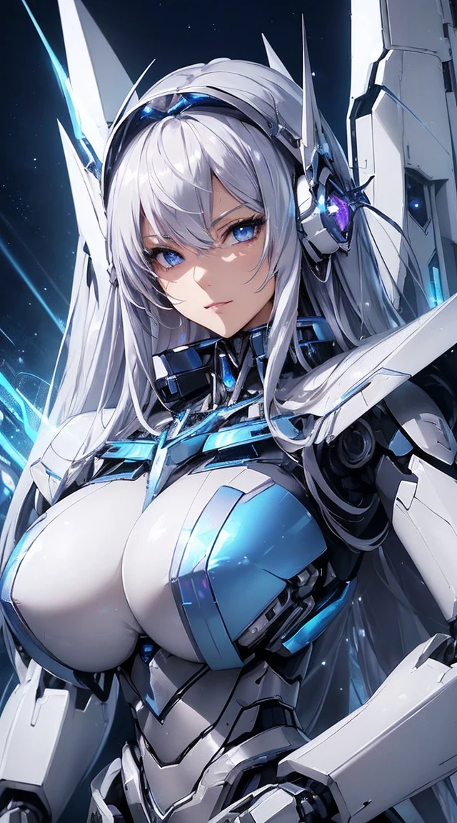 ((Extreme close up:1.6))、(((Lenses shining on both breasts:1.3)))、((Blue pillars of light radiate from both of his chests..:1.3))、break、(((Dynamic pose:1.8)))、smile、((8K)), ((32k)), ((Highest quality)), ((masterpiece)), ((超A high resolution)), ((Tmasterpiece)), ((Halation:1.4))、((Mechaニカルheadgear:1.2))、((Cyber headphones:1.3))Fine skin, High quality fabric, High-quality metal texture、((Beautiful and dense face))、RAW Photos、Professional, Ultra-fine painting, ((alone)), Beautiful breasts、Highest quality, Very detailed, Very detailed詳細, Finer details, so beautiful, ((Princess Knight Robot:1.2)), (Joint of the machine, Mechanical Limbs:1.3), (The internal structure of the machine is exposed:1.3), (Long silver hair:1.1), (Beautiful and huge mechanical breasts)、White Veil, cowboy_shot, Side Focus, headgear, Shiny、(Five Fingers, Four fingers and thumb),Concept Art, Anime fantasy artwork, Detailed fantasy art, (with pale blue-violet hair and large white wings,,,,,,,,), (((Long silver hair))), (Mecha:1.6)、Sleek and intimidating design, ((Commander-in-Chief'arm)), (Perfect robot body)、純白と青紫のarmまたは, Symmetrical wings, 8K High Resolution, Detailed Art, 3D rendering of character art in 8K, neat legs, Defined, Defined fingers,((headshot:1.3))
