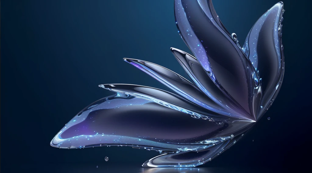 (8K,best quality,photo,ultrahigh-res,High detail RAW color photo professional photograph,:1.1), A sophisticated piece of modern art featuring a reflective glass surface with golden tones. The metallic sheen, organic shapes, and high contrast create an alluring and minimalistic design with fluid and textured elements. An abstract and cosmic composition with fluid art, transparent bubbles, and swirling patterns in shades of blue and purple. The high-key lighting, soft focus, and macro photography highlight the intricate details of the glassy liquid texture.