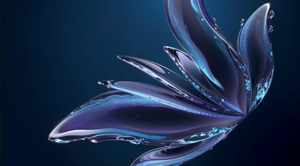(8K,best quality,photo,ultrahigh-res,High detail RAW color photo professional photograph,:1.1), A sophisticated piece of modern art featuring a reflective glass surface with golden tones. The metallic sheen, organic shapes, and high contrast create an alluring and minimalistic design with fluid and textured elements. An abstract and cosmic composition with fluid art, transparent bubbles, and swirling patterns in shades of blue and purple. The high-key lighting, soft focus, and macro photography highlight the intricate details of the glassy liquid texture.