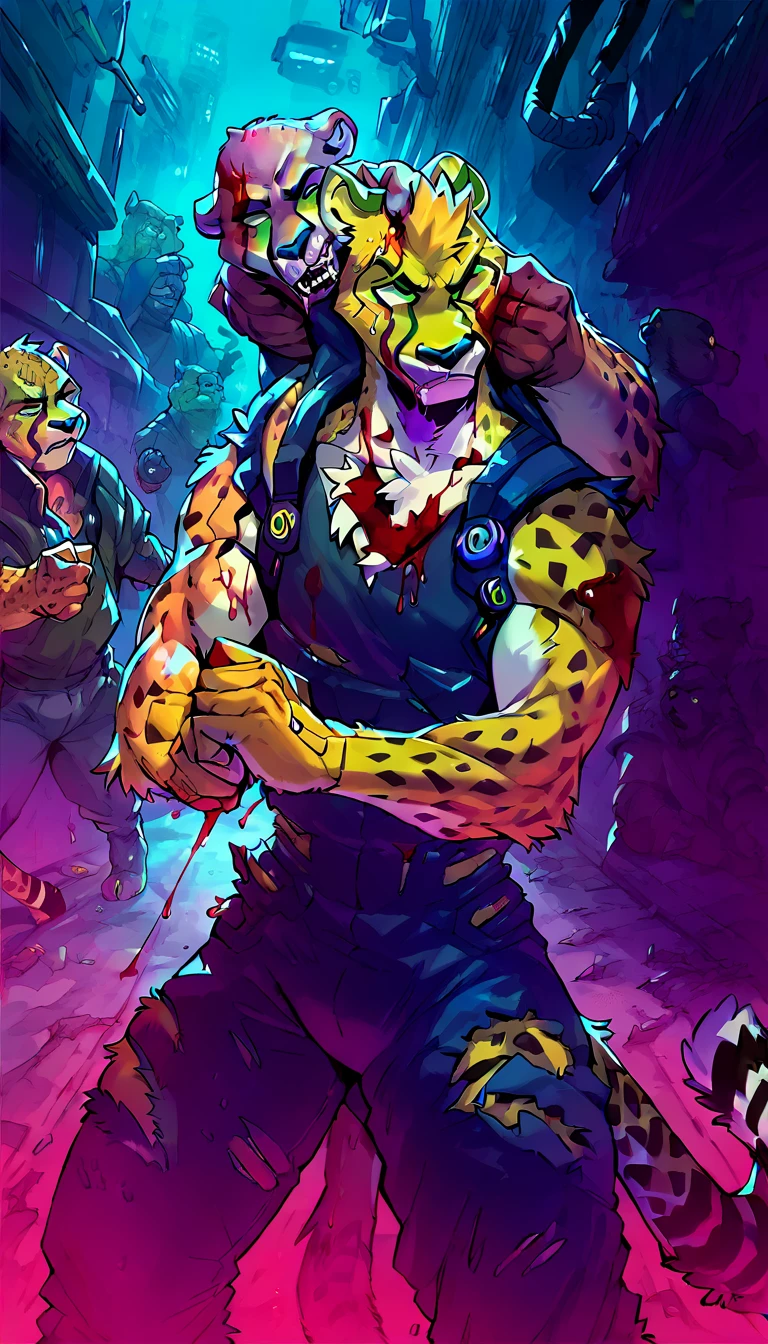 score_9, score_8_up, score_7_up,

(cyberpunk city, night alley, midnight, furry crowd on background, [cat, dog, fox, wolf, cow, bull:0.33], fight club, brawling), 

((Cheetah:1.2), anthro, male, ((Defeated Pose)), damaged face, ((covered in blood)), ((closeup portrait)), fur, beautiful)