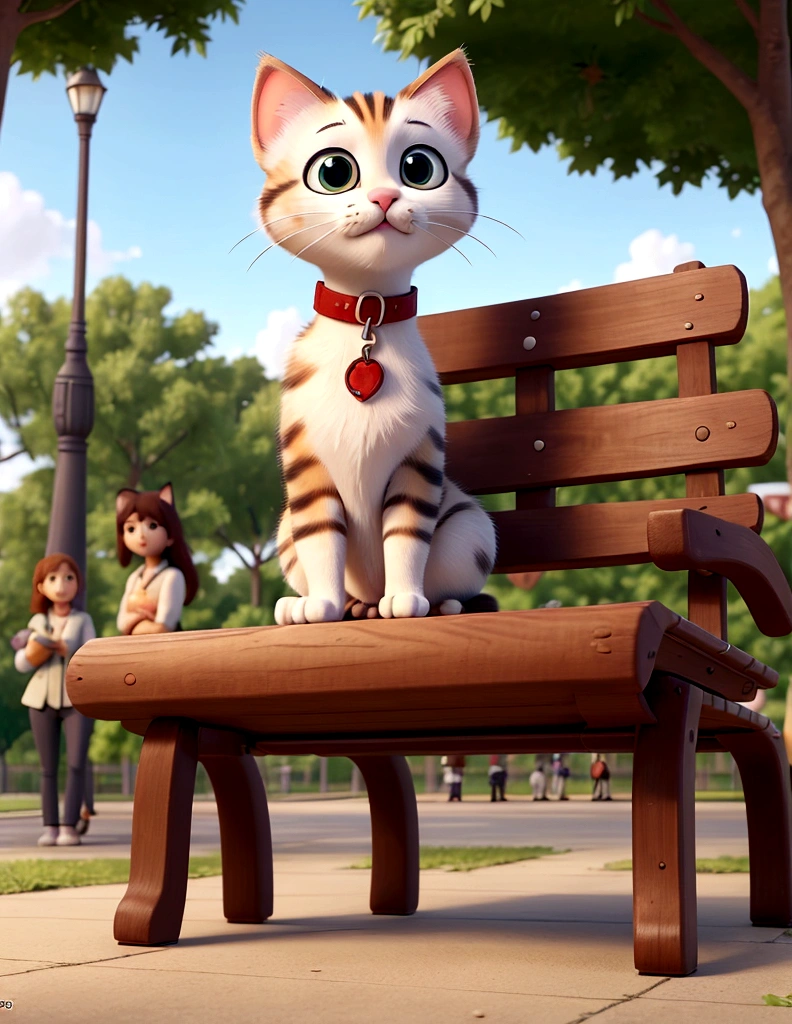 The next day, the kitten approaches a group of people at a park bench, hoping for some food.