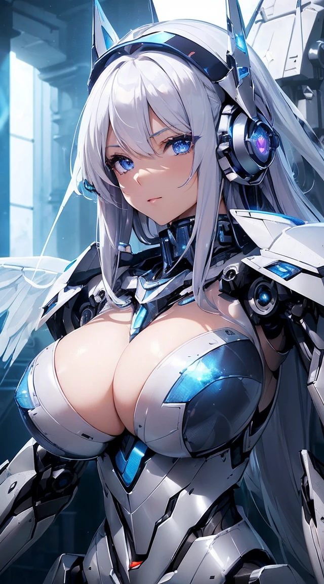 ((Intense action pose:1.6))、((Shining lenses on both breasts:1.3))、((Blue pillars of light are emanating from both chests.:1.3))、smile、((8K)), ((32k)), ((Highest quality)), ((masterpiece)), ((超A high resolution)), ((Tmasterpiece)), ((Halation:1.4))、((Mechaニカルheadgear:1.2))、((Cyber headphones:1.3))、Fine skin, High quality fabric, Fine metal texture、((Beautiful and dense face))、RAW Photos、Professional, Ultra-fine painting, ((alone)), Beautiful breasts、Highest quality, Very detailed, Very detailed詳細, Finer details, so beautiful, ((Princess Knight Robot:1.2)), (Joints of machines, Mechanical Limbs:1.3), (The internal structure of the machine is exposed:1.3), (Long silver hair:1.1), (Beautiful and huge mechanical breasts)、White Veil, cowboy_shot, Side Focus, headgear, Shiny、(Five Fingers, Four fingers and thumb),Concept Art, Anime fantasy artwork, Detailed fantasy art, (with pale blue-violet hair and large white wings,,,,,,,), (((Long silver hair))), (Mecha:1.6)、Sleek and intimidating design, ((Commander-in-Chief'arm)), (Perfect robot body)、純白と青紫armまたは, Symmetrical wings, 8K high quality, detailed art, 3D rendering of character art in 8K, neat legs, Defined, Defined fingers,