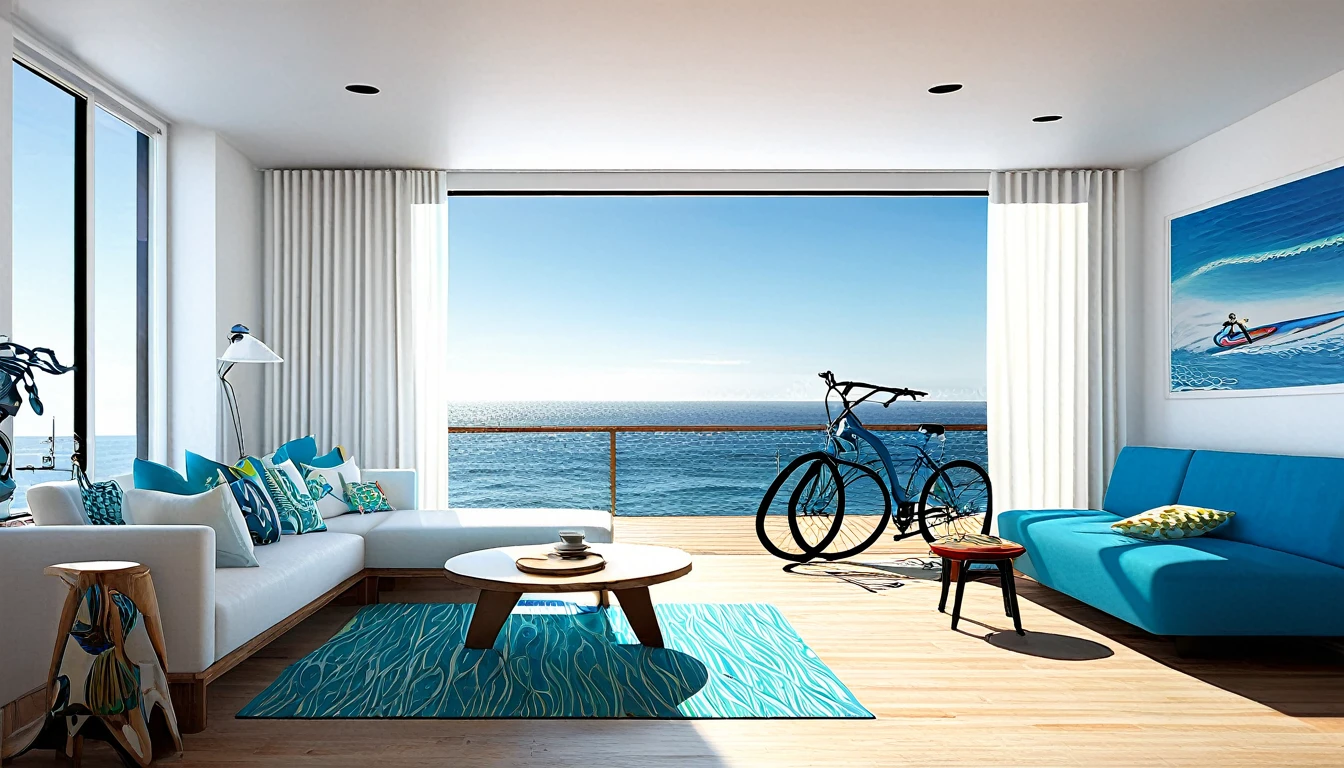 Create a detailed description of a modern home interior in Los Angeles, focusing on a kitchen with a wooden deck, a coffee cup on the counter, a bicycle mounted on the wall, a surfboard poster, and details such as white wallpaper, pillows, and curtains. The sofa is blue, and there are potted plants and a pendant light. The room is illuminated by the bright morning sun, and the window offers a stunning view of the ocean. Please provide a vivid description, conveying a sense of beauty and coziness, in approximately 16,000 characters.