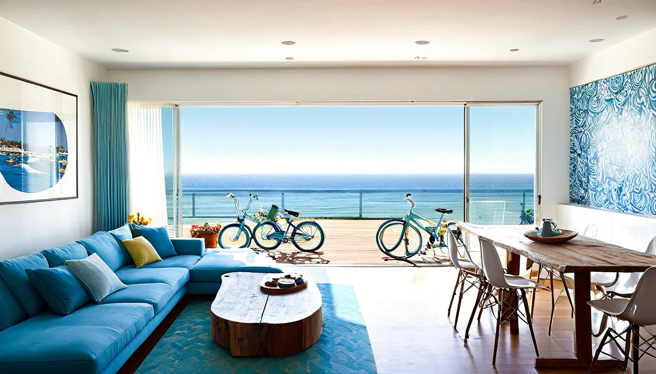 Create a detailed description of a modern home interior in Los Angeles, focusing on a kitchen with a wooden deck, a coffee cup on the counter, a bicycle mounted on the wall, a surfboard poster, and details such as white wallpaper, pillows, and curtains. The sofa is blue, and there are potted plants and a pendant light. The room is illuminated by the bright morning sun, and the window offers a stunning view of the ocean. Please provide a vivid description, conveying a sense of beauty and coziness, in approximately 16,000 characters.