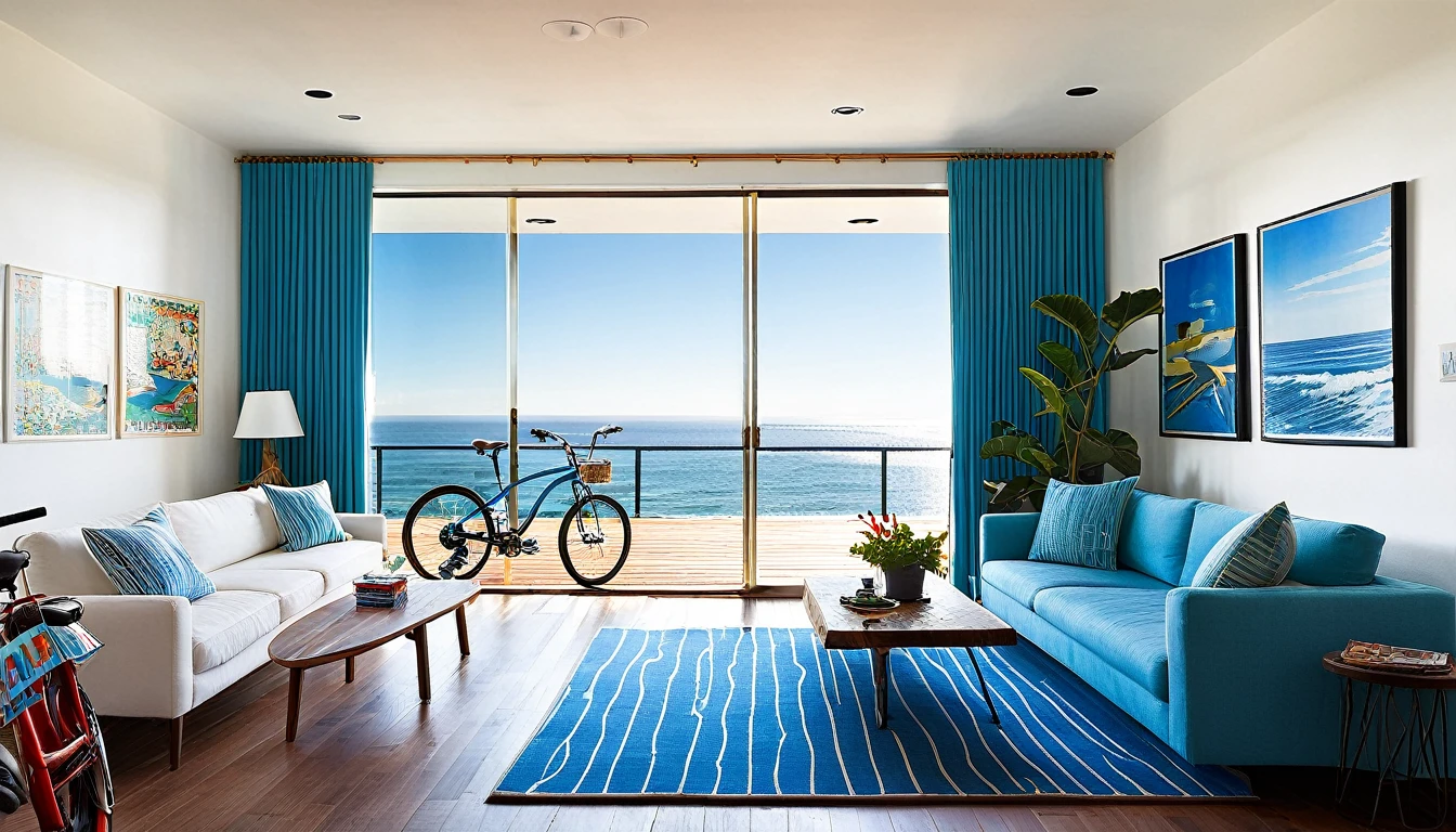 Create a detailed description of a modern home interior in Los Angeles, focusing on a kitchen with a wooden deck, a coffee cup on the counter, a bicycle mounted on the wall, a surfboard poster, and details such as white wallpaper, pillows, and curtains. The sofa is blue, and there are potted plants and a pendant light. The room is illuminated by the bright morning sun, and the window offers a stunning view of the ocean. Please provide a vivid description, conveying a sense of beauty and coziness, in approximately 16,000 characters.