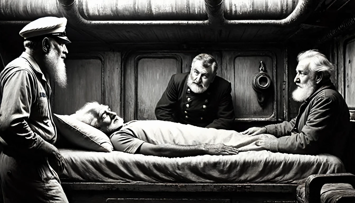 sailors talking to a sleeping old man inside a cargo ship