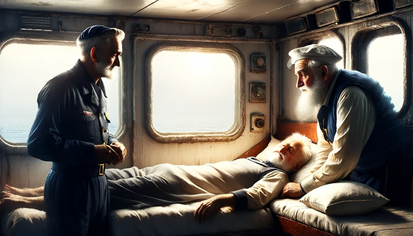 sailors talking to a sleeping old man inside a cargo ship