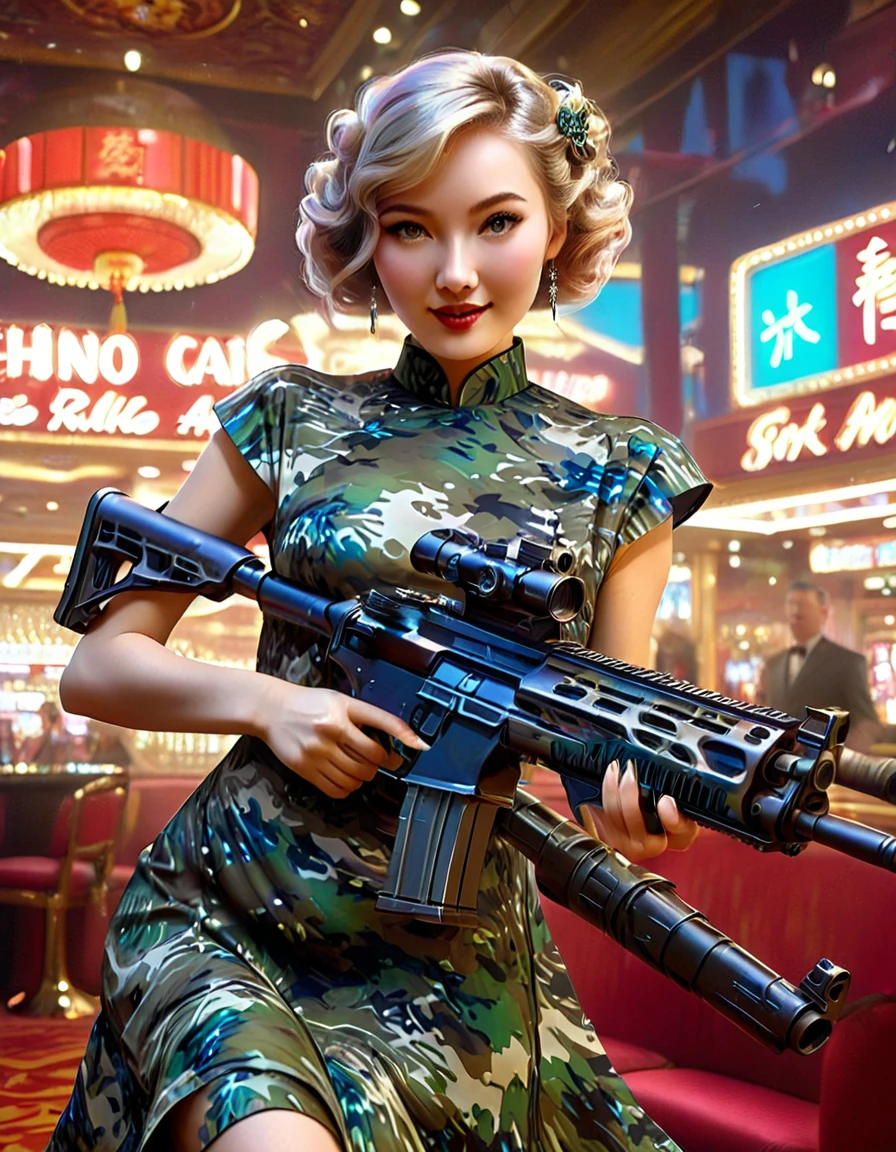 Young and beautiful woman_robot,Retro hairstyle,Retro makeup,Grinning face,Ideal body proportions,Full breasts,((Night camouflage_Tight Fit_Chinese dress:1.9)),(Rapid Fire Assault Rifle:1.7),(motion blur effect:1.5),(The casino was in chaoadness and destruction:1.4),(Highest quality,4K,8K,high resolution,masterpiece:1.2),Ultra Detailed,(lifelike,Photorealistic,Photorealistic:1.37),Detailed facial features,Intricate clothing patterns,striking pose,Dramatic lighting,Film composition,Vibrant colors,Dystopian atmosphere,painting,