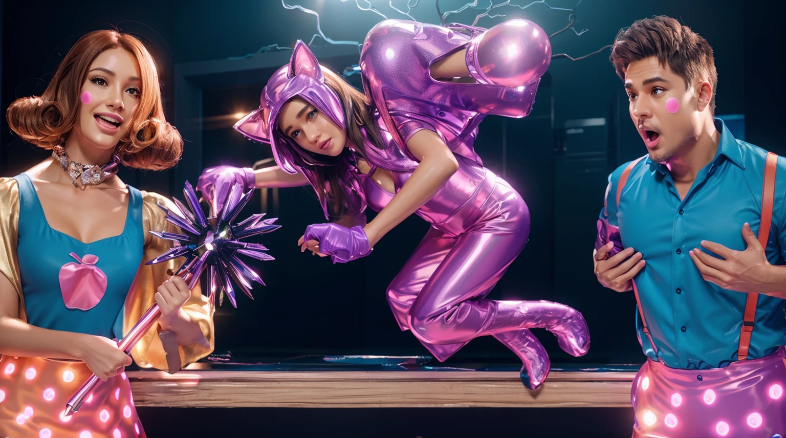   The image shows animated characters in a scene. The girl on the right is wearing a purple cat costume and has a pink backpack, smooth 3d model, glossy plastic texture, multiple light sources, rim light, sharp post effects render, most beautiful vfx, , realistic, 4k, high resolution, rim light, smooth 3d model. ,  glossy texture, smooth 3d model, multiple light sources, rim light, sharp post effects render, (glossy plastic texture with multiple big light probe refractions), perfect cgi,   reflective, best quality, 4k, masterpiece:1.2, ultra-detailed, realistic, vivid colors, The image of the highest quality, ensuring every detail showcased perfectly. It in 4k resolution, allowing viewers to immerse themselves in the richness of the colors and intricate details. The realistic rendering. under the spotlight, reflecting, high-resolution image, realistic rendering