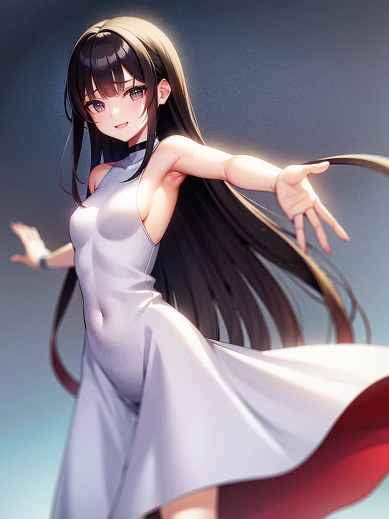 Long black hair White dress Raising his arms to show his armpits smile