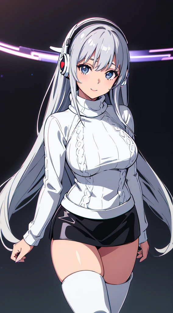 smile、((8K)), ((32k)), ((Highest quality)), ((masterpiece)), ((超A high resolution)), ((Tmasterpiece)), ((Halation:1.4))、((White mechanical headgear:1.3))、((White mecha cyber headphones:1.3))、Fine skin, High quality fabric, ((Beautiful and dense face))、RAW Photos、Professional, Ultra-fine painting, ((alone)), Beautiful breasts、Highest quality, Very detailed, Very detailed詳細, Finer details, so beautiful, Full body description、on a futuristic street、White thigh-high boots、(Woman wearing a black leather miniskirt:1.8)、(Wearing a white knitted turtleneck sweater:1.8)、 take a walk、Beautiful legs、(Machine Eyes:1.3)、drooping eyes: 1.3,, (In 8K) , masterpiece, (No retouching, Lip gloss, False eyelashes, Real Skin, Highest quality, 超A high resolution, Depth of written boundary, chromatic aberration, Caustics, Wide Lighting, Natural Shading))、Korean Idol、Asian woman smiling at camera,、Young and cute gravure idol, Young and skinny gravure idol, Realistic Young Gravure Idol, Young Gravure Idol, Japanese Model, Shot with Canon EOA 6D Mark II, Shot with Canon EOS 5D Mark IV, Young Gravure Idol、(White thigh-high boots:1.5)、(Long silver hair:1.1), cowboy_shot, Side Focus, Shiny、Concept Art, Anime fantasy artwork, (((Long silver hair))), 8K high quality, detailed art, In 8Kのキャラクターアートの3Dレンダリング, neat legs, Defined, Defined fingers,