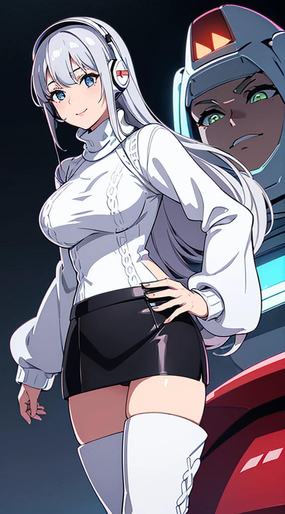 smile、((8K)), ((32k)), ((Highest quality)), ((masterpiece)), ((超A high resolution)), ((Tmasterpiece)), ((Halation:1.4))、((White mechanical headgear:1.3))、((White mecha cyber headphones:1.3))、Fine skin, High quality fabric, ((Beautiful and dense face))、RAW Photos、Professional, Ultra-fine painting, ((alone)), Beautiful breasts、Highest quality, Very detailed, Very detailed詳細, Finer details, so beautiful, Full body description、on a futuristic street、White thigh-high boots、(Woman wearing a black leather miniskirt:1.8)、(Wearing a white knitted turtleneck sweater:1.8)、 take a walk、Beautiful legs、(Machine Eyes:1.3)、drooping eyes: 1.3,, (In 8K) , masterpiece, (No retouching, Lip gloss, False eyelashes, Real Skin, Highest quality, 超A high resolution, Depth of written boundary, chromatic aberration, Caustics, Wide Lighting, Natural Shading))、Korean Idol、Asian woman smiling at camera,、Young and cute gravure idol, Young and skinny gravure idol, Realistic Young Gravure Idol, Young Gravure Idol, Japanese Model, Shot with Canon EOA 6D Mark II, Shot with Canon EOS 5D Mark IV, Young Gravure Idol、(White thigh-high boots:1.5)、(Long silver hair:1.1), cowboy_shot, Side Focus, Shiny、Concept Art, Anime fantasy artwork, (((Long silver hair))), 8K high quality, detailed art, In 8Kのキャラクターアートの3Dレンダリング, neat legs, Defined, Defined fingers,