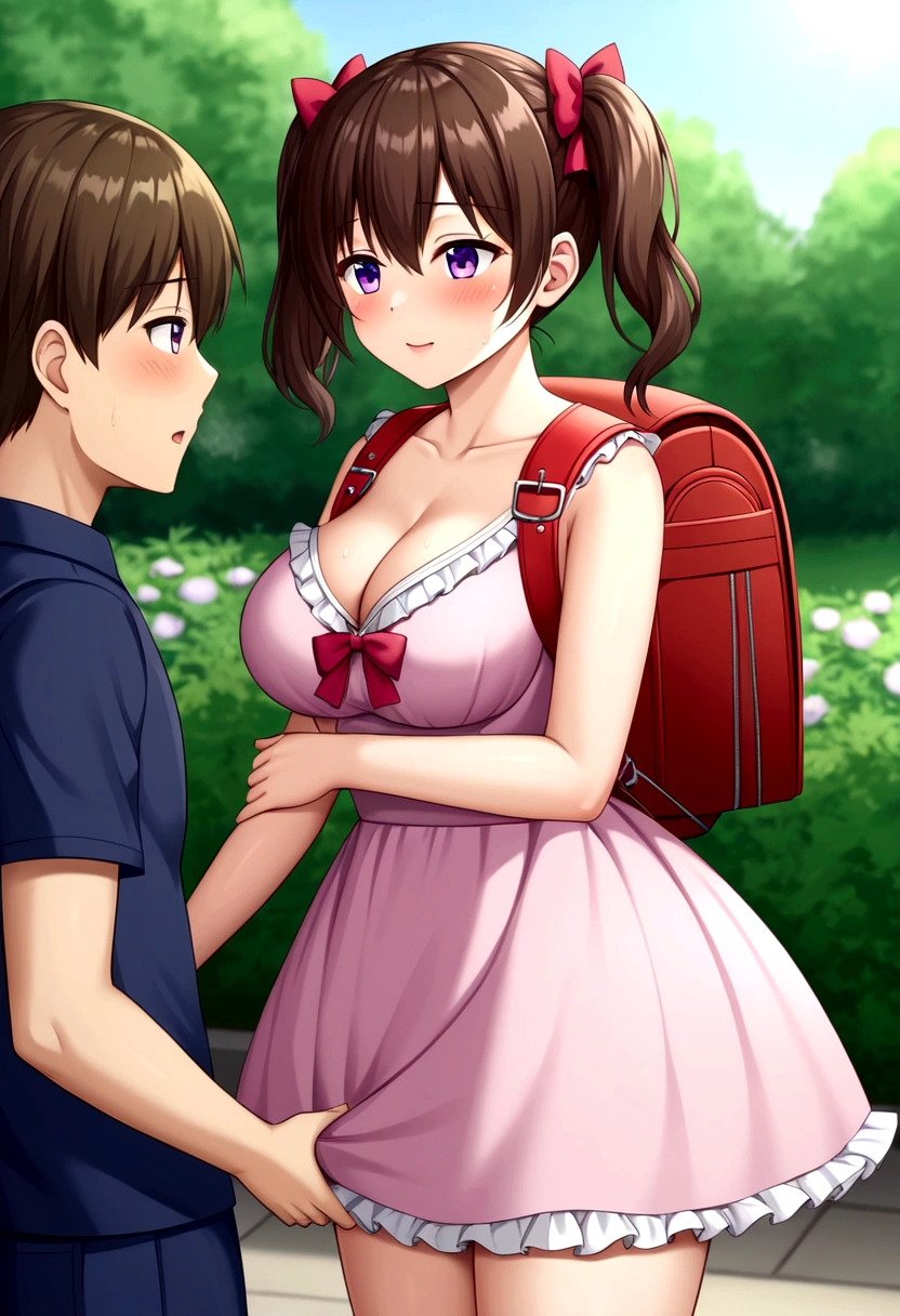 masterpiece, Highest quality, Nico_Yazawa,High resolution, 1 Girl, alone, Brown Hair, short hair, Twin tails、Purple eyes, Cowboy Shot, Frill dress, , Pink Dress, (Cleavage)、(Beautiful thighs)、city, Outdoor, garden, Carrying a red backpack, (randoseru backpack:1.2)A man masturbating surrounds a girl