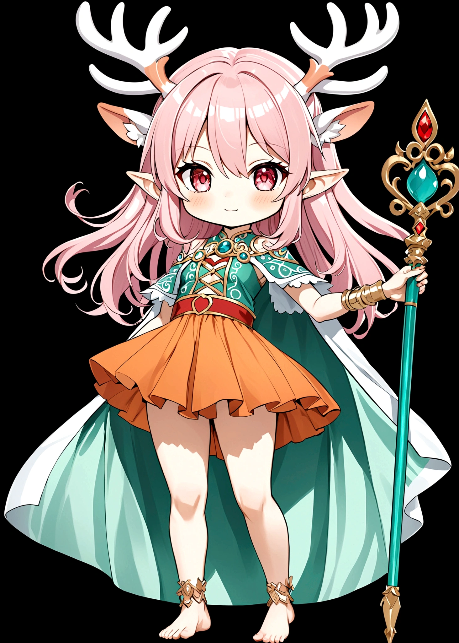 game character,Cartoon anime style,beautiful girl,Fluffy pink hair,Pink Eyes,antlers,Elf ears,Orange tulle short skirt,Scepter,Standing barefoot,Foot ring。(((Correct human ???????))),White background