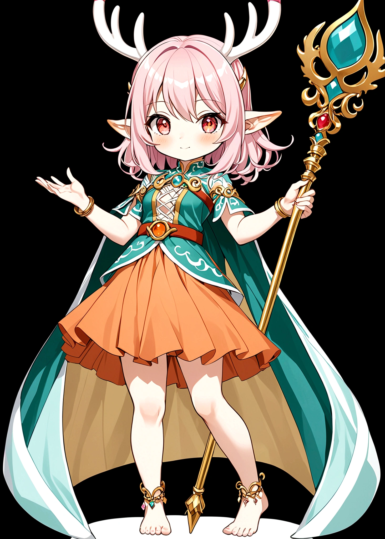 game character，Cartoon anime style，beautiful girl，Fluffy pink hair，Pink Eyes，antlers，Elf ears，Orange tulle short skirt，Scepter，Standing barefoot，Foot ring。(((Correct human anatomy)))，White background