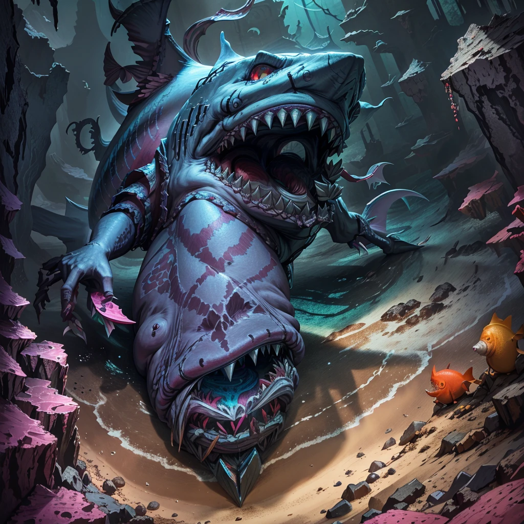 (A brightly colored, creepy, shark with a glowing belly), prowls a colorful reef underwater