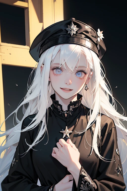 ((hyper-realistic illustration:1.3)),(black clothing:1.3).((beach)) at night. Cute 18 yo (albino:1.4)woman of Slavic descent.(short:1.1), , long white hair, gray eyes, ((very pale:1.4)). Innocent look. Gentle spirit.(virgin), (black bikini, sandals).hat,(joy),((smile)).Masterpiece, best quality(highly detailed:1.2),(detailed face and eyes:1.2), depth of field, 8k wallpaper, studio lighting, core shadows, high contrast, bokeh.