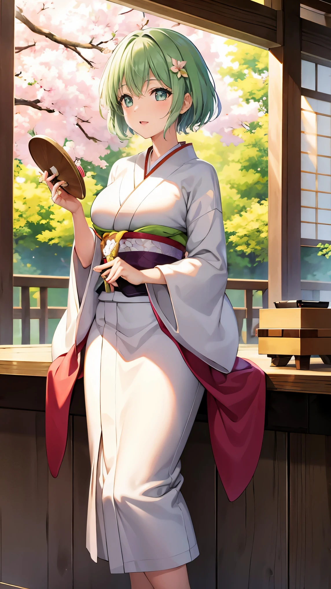 Girl with short green hair, Small breasts, Green Eyes, White Casual Wear Beauty Special、(((tits))),Full body photo from head to toe、Kimono、Patterned Japanese clothing、Cherry tree in full bloom、Fluttering petals、、Graceful Manners、Playing the shamisen、Playing in a Japanese-style room、play a sound、Japanese Instruments、Play a musical instrument
