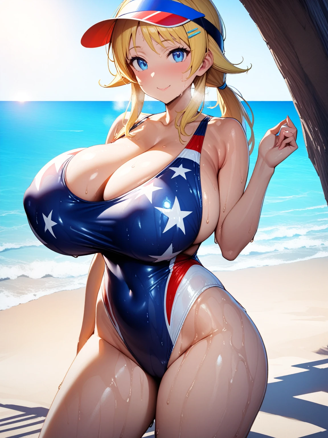 (nsfw,)(hachimiya meguru,blond hair,blue eyes,hairclip),((solo girl)),((Perfect body,))((Super beautiful,))((High quality,))((Heavy breathing,sweat, Sweaty and wet all over,)),backlit,shiny glossy,gigantic breast, Looking at Viewer,((Beach side, American swimsuit, sexy swimsuit, sun visor, cowboy shot,)),Smile,nipple,(Show off your crotch by opening your crotch in a crouching posture,)squatting and straddling,After sunburn,((Turning your back to me, sticking out your butt,))((She turns around with her back to me, sticking out her butt,from back view,Directly behind,))