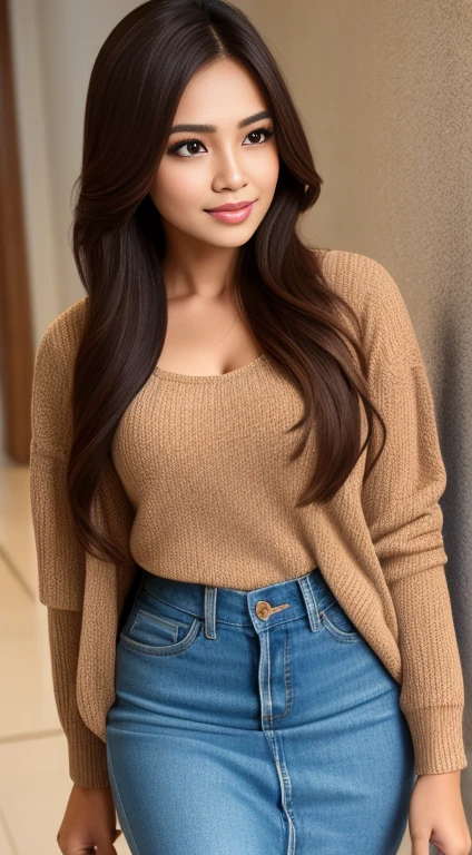 RAW, Best Quality, high resolution, Masterpiece: 1.3), beautiful malay woman (they:0.8), perfect nose,perfect lips, Perfect eyes, detail :1.2),((big chest)),1 malay girl,whole body image detail, crying eyes, RAW, Best Quality, high resolution, Masterpiece: 1.3),big chest, perfect nose,perfect lips, Perfect eyes, detail :1.2), soft smile, RAW, Best Quality, high resolution, construction: 1.3), beautiful malay woman (they:0.8)1Beautiful Malay woman,beautiful face, crying eyes, perfect lips, large eyes, big chests, Woman in brown shirt and long plizket walking down the hallway , wearing a jacket around the waist, wearing casual clothes, Brown hair, casual clothing style, wearing smart casual clothes, wearing beautiful clothes, pose casual, with beautiful appearance, modern casual clothing, simple clothes, modern casual clothing, simple style, narrow waist, round buttocks, thick thighs, wearing a long plizkit skirt, wearing a blouse,whole body