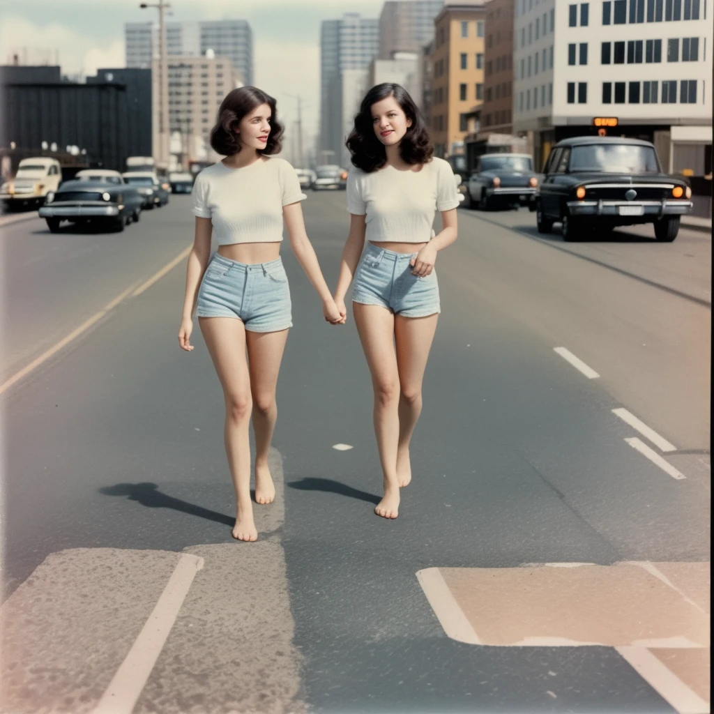 Polaroid photo, two pairs of feet walking on city asphalt, dreamy mood, city romantic, retro vibe