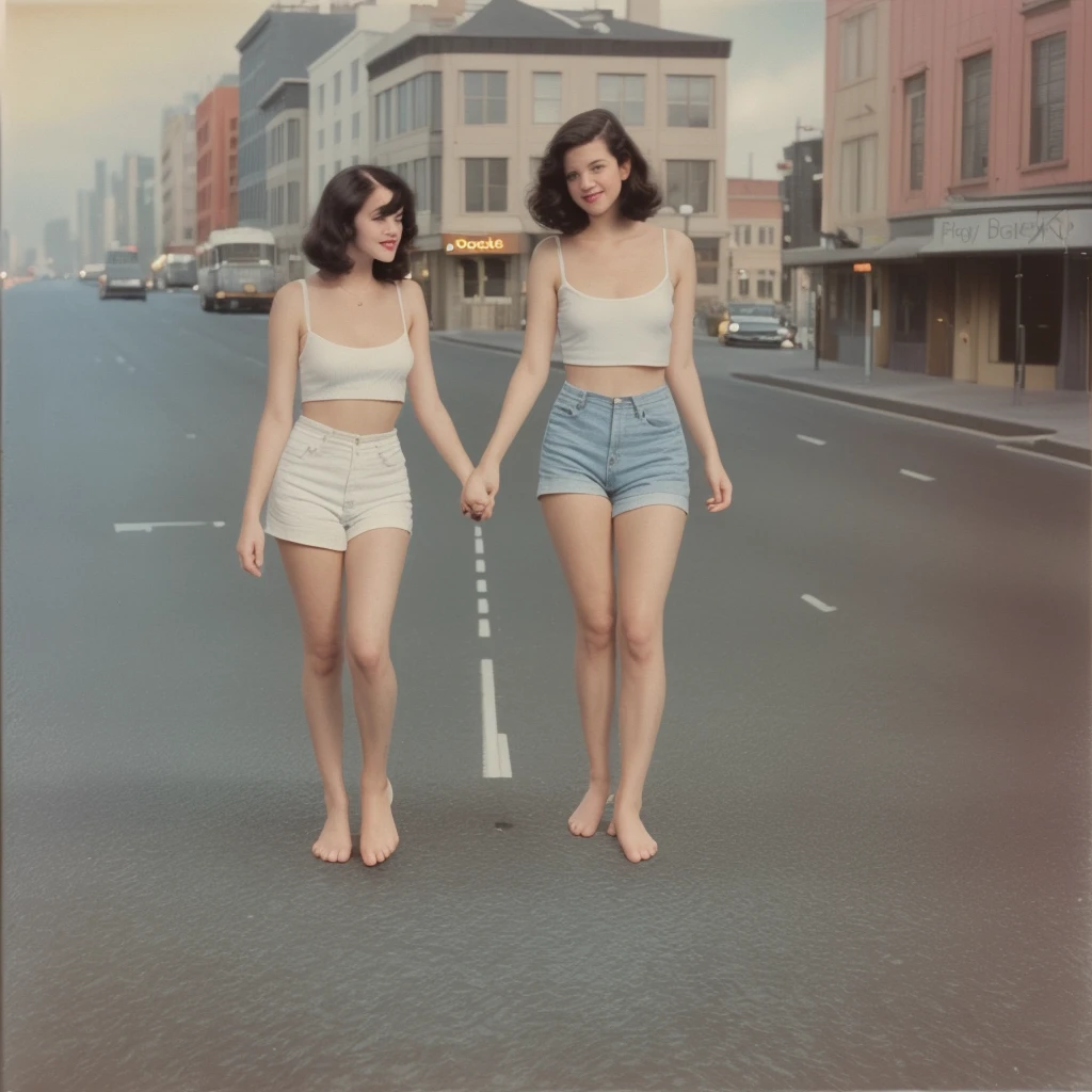Polaroid photo, two pairs of feet walking on city asphalt, dreamy mood, city romantic, retro vibe