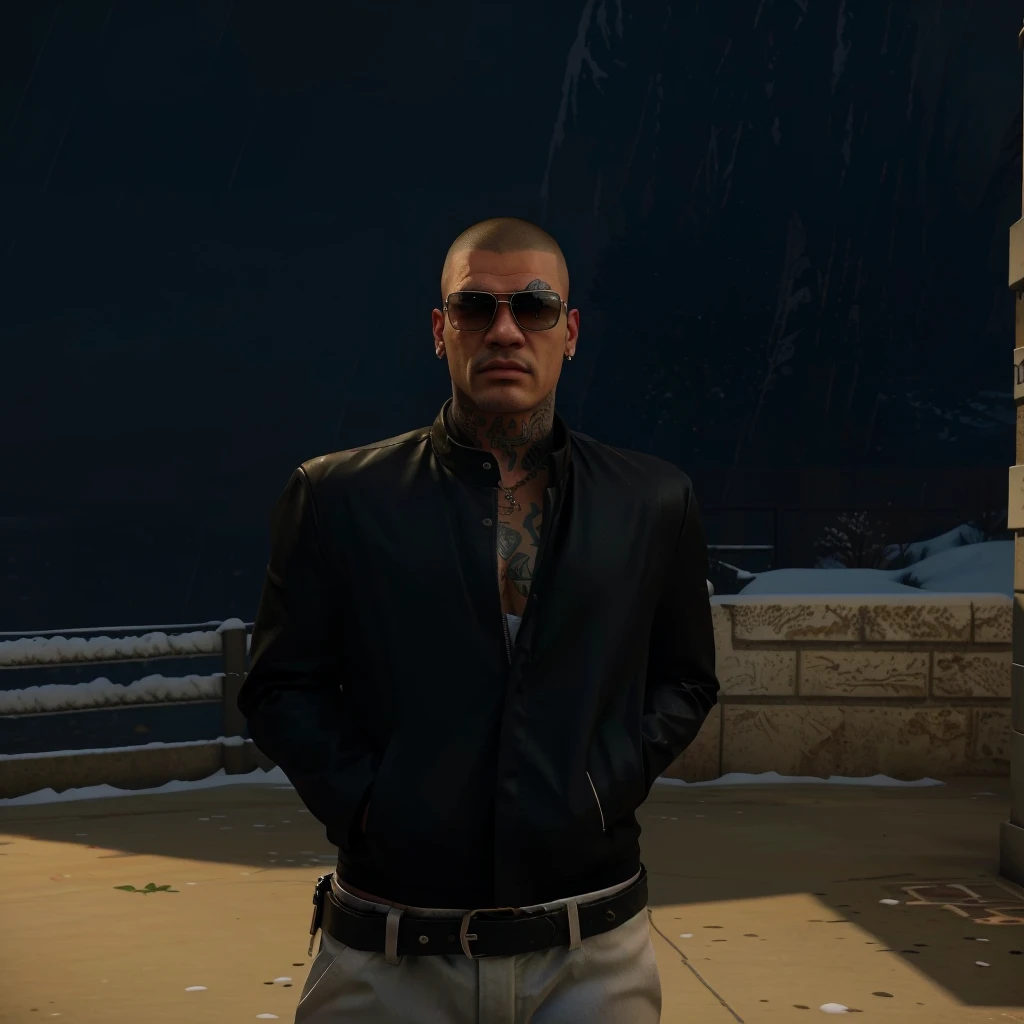 there is a man standing in the snow wearing sunglasses, gta 5 artwork style, style of gta v, gta v character, gta 5 mexican skin tone, realistic artwortk stlye, a member of a latin-american mafia, cool, bulldog vibe, semi-pro boxer, snob, ultra high quality, cinematic colors, realistic things, tattoos on the face and on the body, slim chad face, buzzcut, dangerous attitude, VISIBLE DRAGON TATTOO AROUND THE RIGHT EYE, DRIP TATTOO UNDER THE LEFT EYE, mafia style, latin-american mafia boss