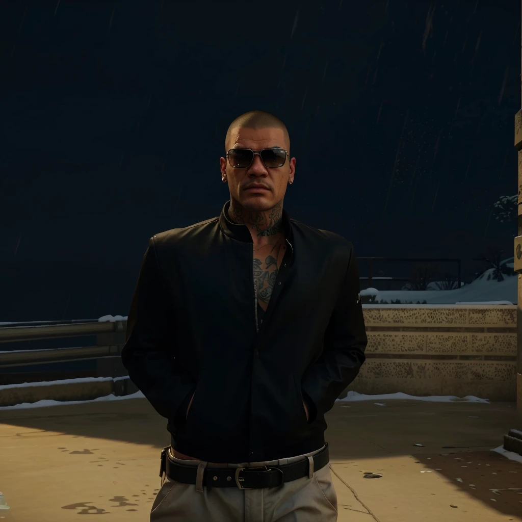 there is a man standing in the snow wearing sunglasses, gta 5 artwork style, style of gta v, gta v character, gta 5 mexican skin tone, realistic artwortk stlye, a member of a latin-american mafia, cool, bulldog vibe, semi-pro boxer, snob, ultra high quality, cinematic colors, realistic things, tattoos on the face and on the body, slim chad face, buzzcut, dangerous attitude, VISIBLE DRAGON TATTOO AROUND THE RIGHT EYE, DRIP TATTOO UNDER THE LEFT EYE, mafia style, latin-american mafia boss