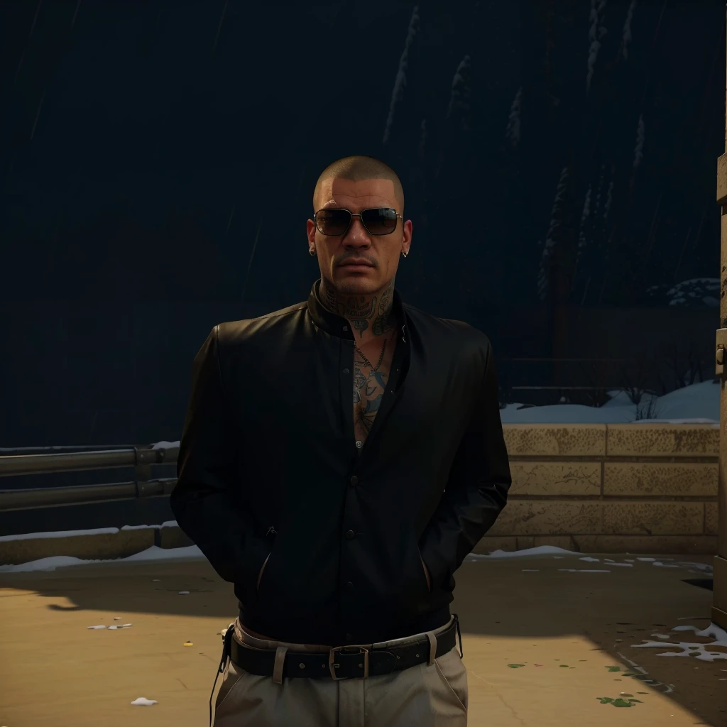 there is a man standing in the snow wearing sunglasses, gta 5 artwork style, style of gta v, gta v character, gta 5 mexican skin tone, realistic artwortk stlye, a member of a latin-american mafia, cool, bulldog vibe, semi-pro boxer, snob, ultra high quality, cinematic colors, realistic things, tattoos on the face and on the body, slim chad face, buzzcut, dangerous attitude, VISIBLE DRAGON TATTOO AROUND THE RIGHT EYE, DRIP TATTOO UNDER THE LEFT EYE, mafia style, latin-american mafia boss