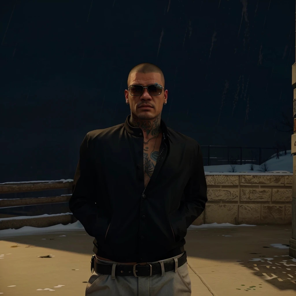 there is a man standing in the snow wearing sunglasses, gta 5 artwork style, style of gta v, gta v character, gta 5 mexican skin tone, realistic artwortk stlye, a member of a latin-american mafia, cool, bulldog vibe, semi-pro boxer, snob, ultra high quality, cinematic colors, realistic things, tattoos on the face and on the body, slim chad face, buzzcut, dangerous attitude, VISIBLE DRAGON TATTOO AROUND THE RIGHT EYE, DRIP TATTOO UNDER THE LEFT EYE, mafia style, latin-american mafia boss