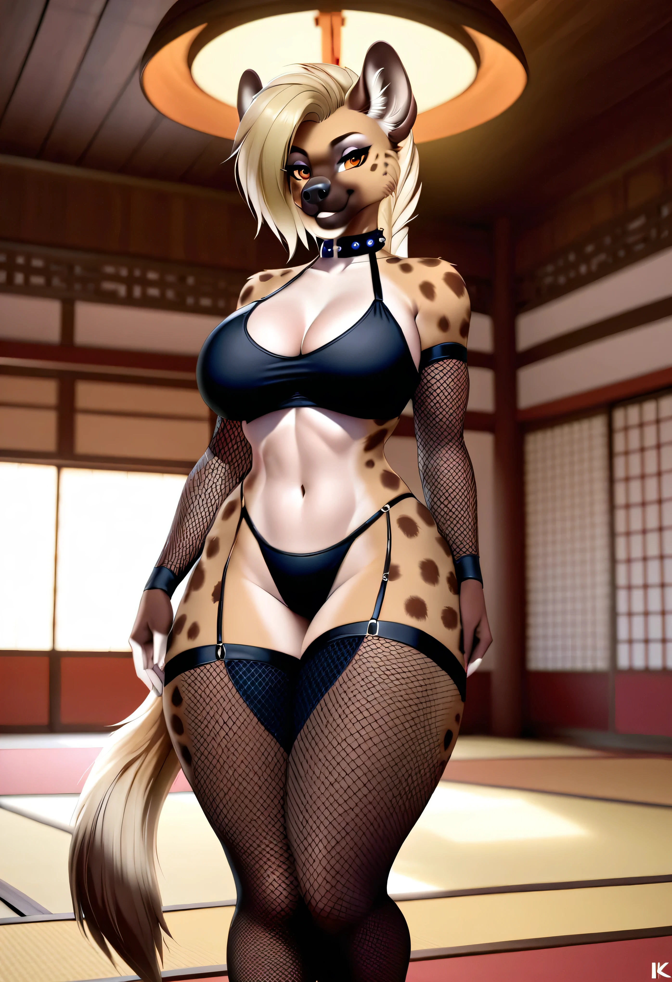 4k highly detailed realistic digital extremely high quality drawing, masterpiece, (keeltheequine style), (uploaded on e621), (anthro hyena girl, milf), (posing in a dojo), (wearing a collar, sexy kunoichi cosplay, fishnet bodystocking and high heels), (beautiful and detailed eyes:1.1), (long legs), detailed fur, seductive, sexy, voluptuous, curvy body, hourglass figure, cinematic lighting, (f1.8 short focus bokeh)