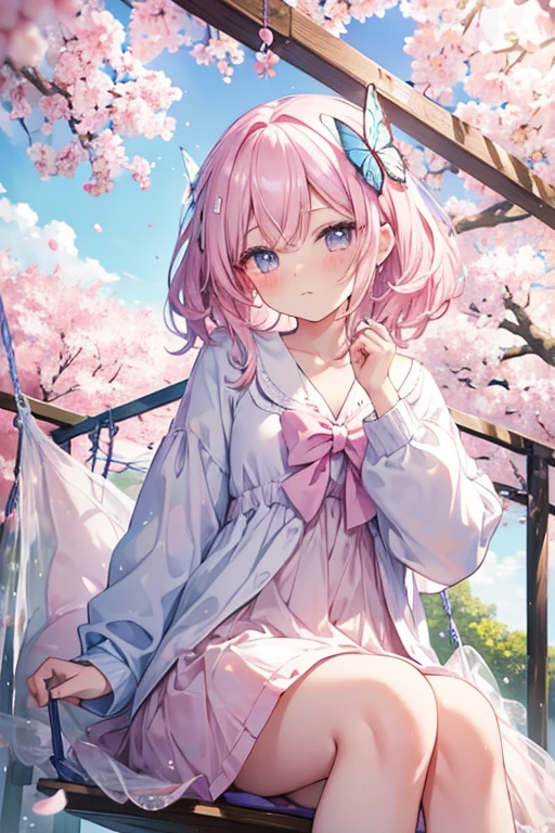aesthetic lighting, pastel colors, soft brush strokes, dreamy atmosphere. (best quality, highres), detailed eyes, cute outfit, sitting on a swing, surrounded by cherry blossoms, a gentle breeze, cherry blossom petals floating in the air, soft smile, anime-style hair, long eyelashes, slightly pouting lips, blush on the cheeks, longing gaze, peaceful background, peaceful background, butterflies fluttering around, tranquil mood, delicate details, vibrant colors.