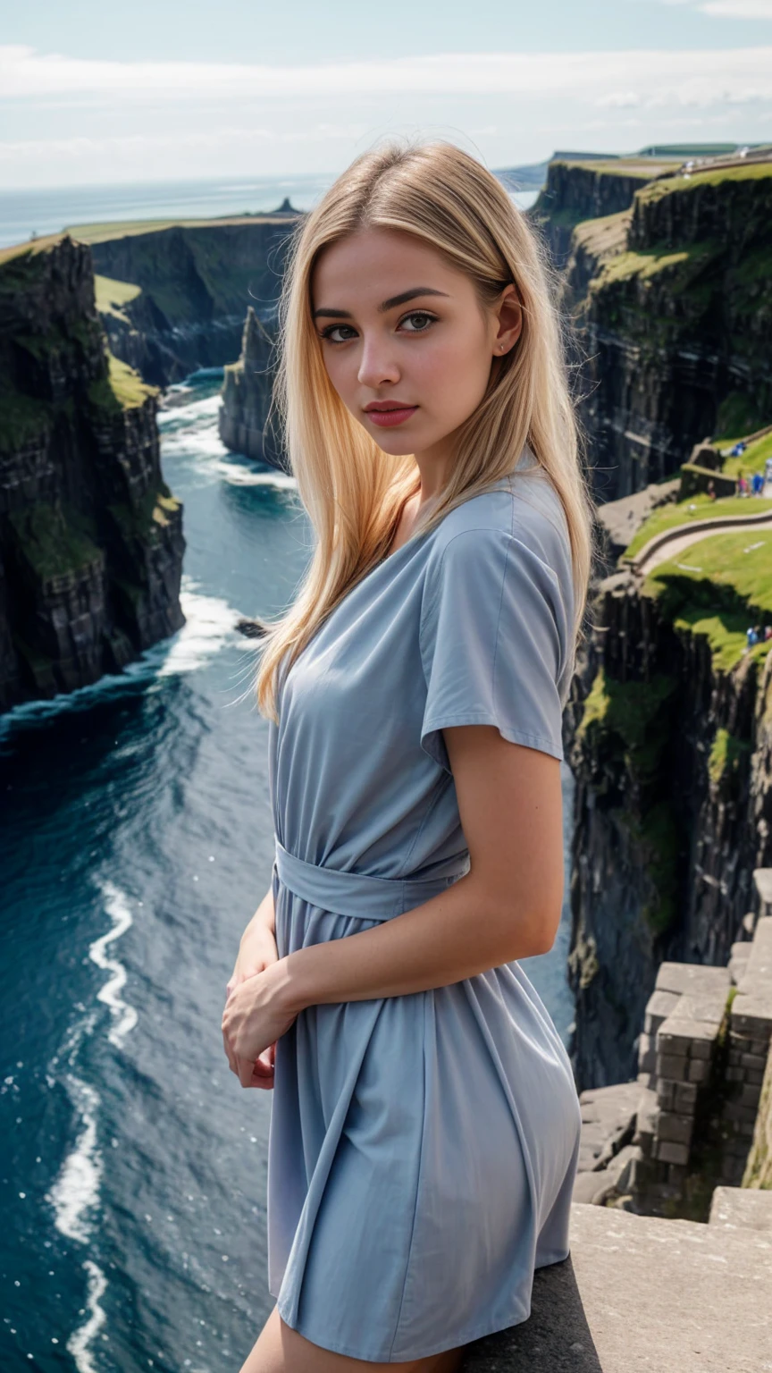 A beautiful europian girl, wearing crepe de Chine dress, sky blue dress, standing on the edge of the Moher Cliffs. She is 24 years old, has white hair and grey eyes. Her cloth is stylish and her overall appearance is stunning. The girl's face is extremely detailed with beautifully detailed lips. Her skin is anatomically correct with realistic textures. The image should have super high details and be of the best quality, with a resolution of 8K. The final result should be a masterpiece, showcasing the girl's beauty and the vibrant atmosphere of the ocean and Moher Cliffs