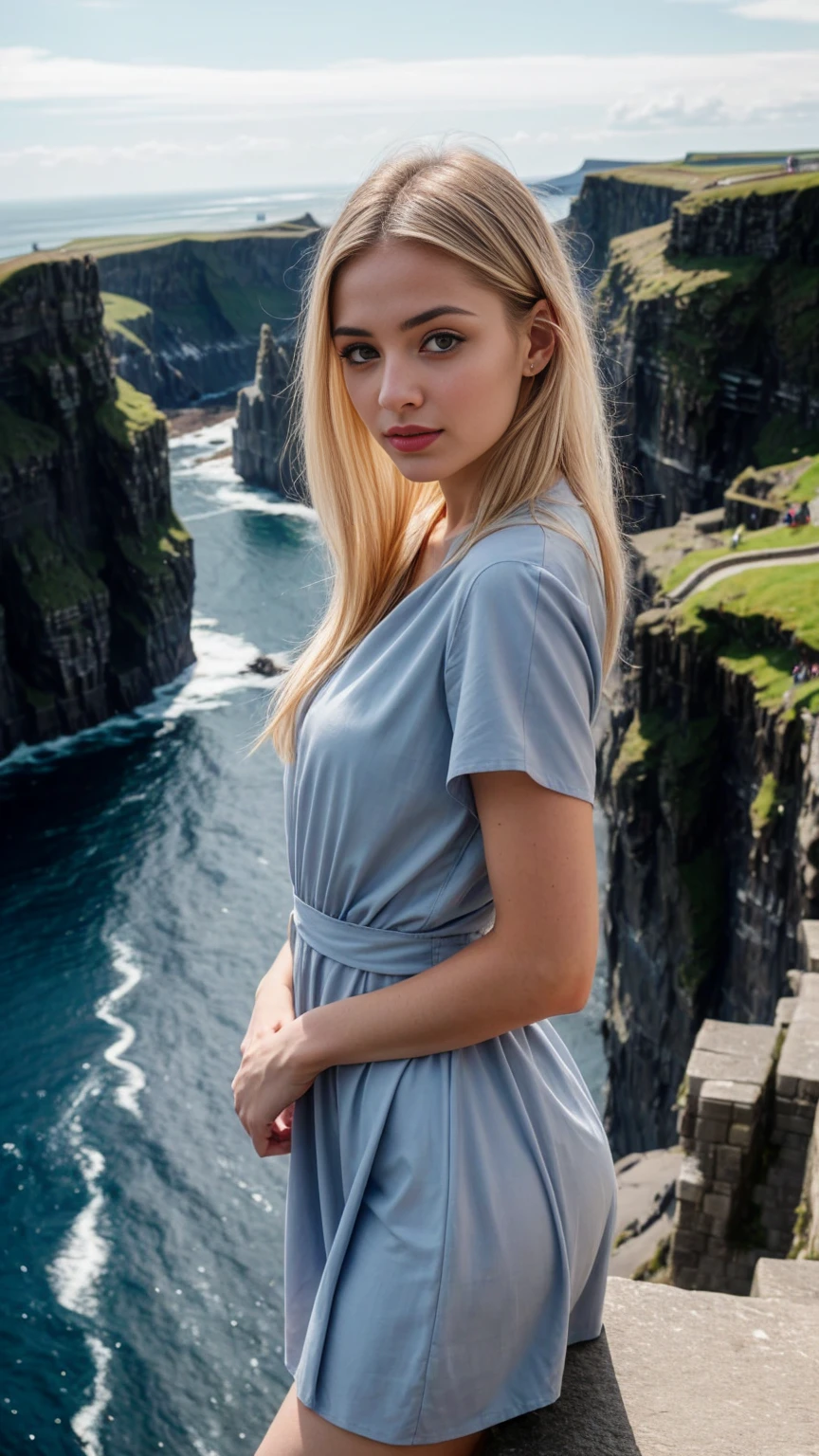 A beautiful europian girl, wearing crepe de Chine dress, sky blue dress, standing on the edge of the Moher Cliffs. She is 24 years old, has white hair and grey eyes. Her cloth is stylish and her overall appearance is stunning. The girl's face is extremely detailed with beautifully detailed lips. Her skin is anatomically correct with realistic textures. The image should have super high details and be of the best quality, with a resolution of 8K. The final result should be a masterpiece, showcasing the girl's beauty and the vibrant atmosphere of the ocean and Moher Cliffs