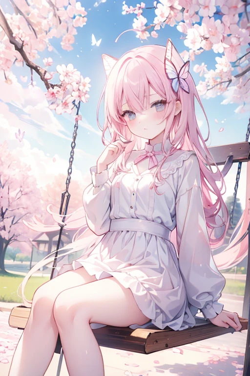 aesthetic lighting, pastel colors, soft brush strokes, dreamy atmosphere. (best quality, highres), detailed eyes, cute outfit, sitting on a swing, surrounded by cherry blossoms, a gentle breeze, cherry blossom petals floating in the air, soft smile, anime-style hair, long eyelashes, slightly pouting lips, blush on the cheeks, longing gaze, peaceful background, peaceful background, butterflies fluttering around, tranquil mood, delicate details, vibrant colors.