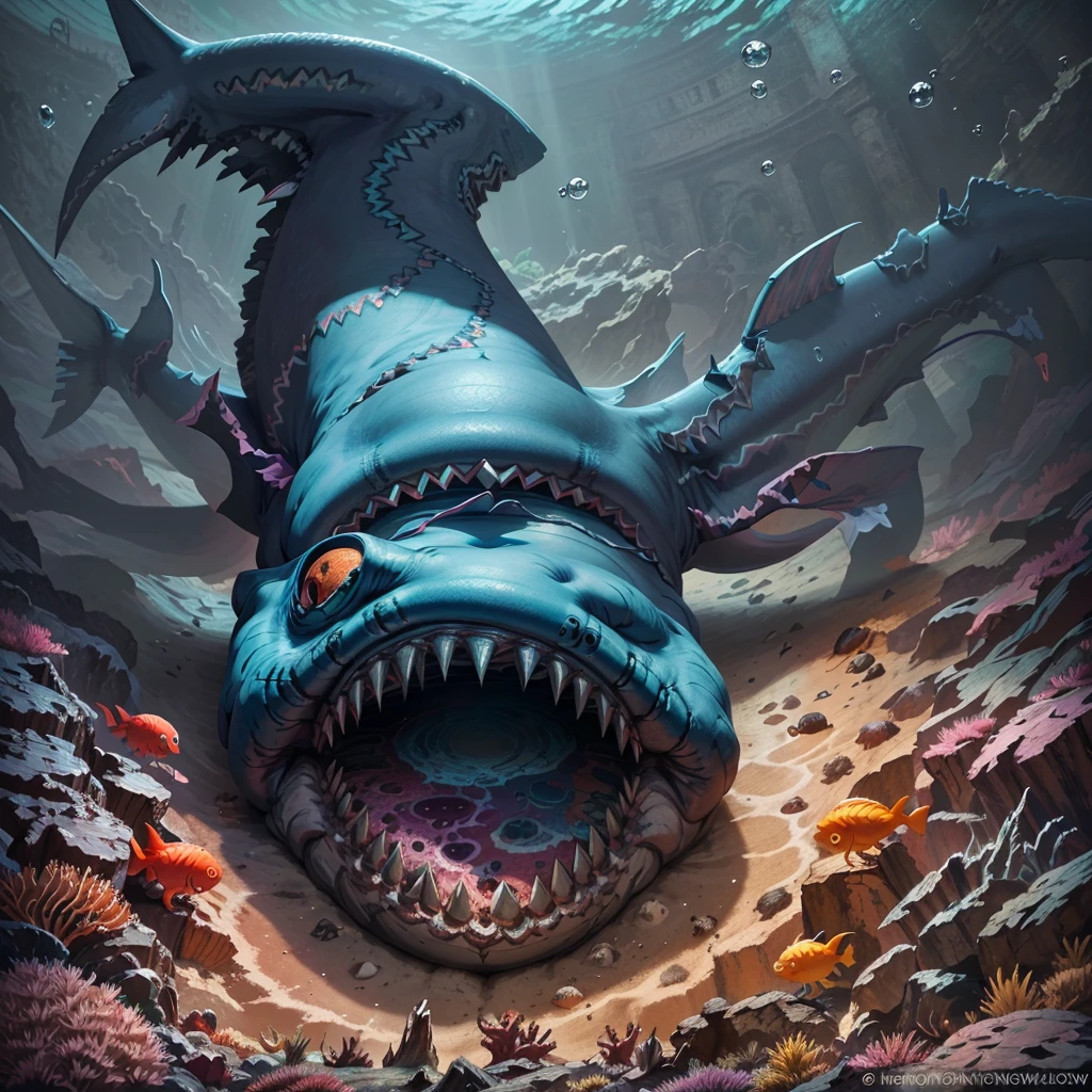 (A brightly colored, creepy, shark with a glowing belly), prowls a colorful reef underwater