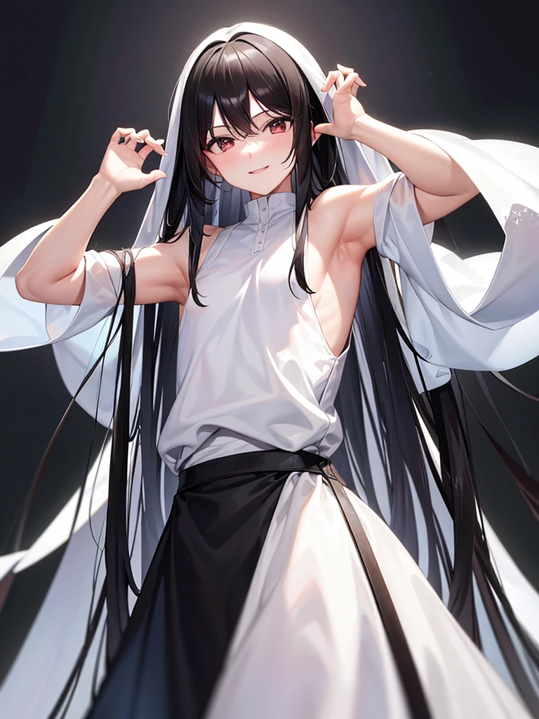 Long black hair　White dress　Raising his arms to show his armpits　smile