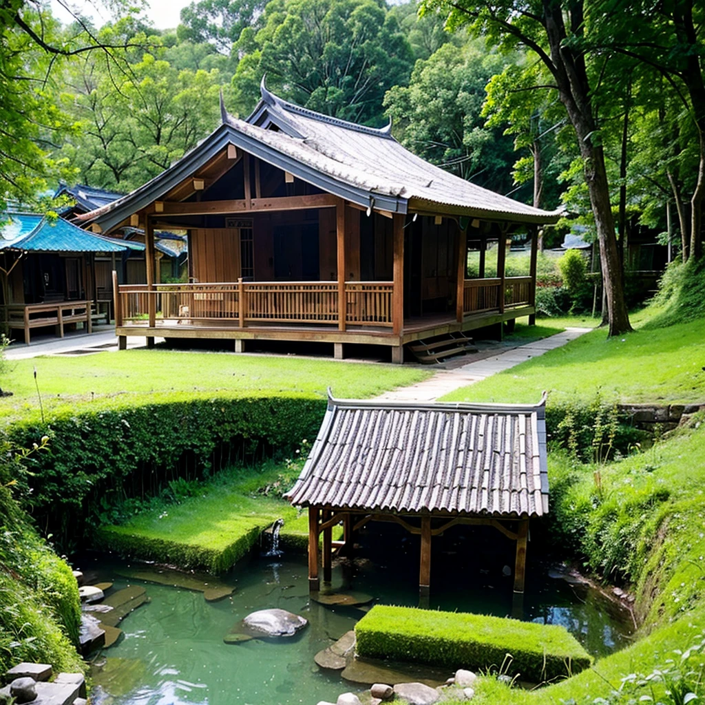 a Malay wooden cottage on the top of the grass hills, a shallow crystal clear small river near the hill. some flower bushes grows near the mossy stones along the river, mountain, blue sky,