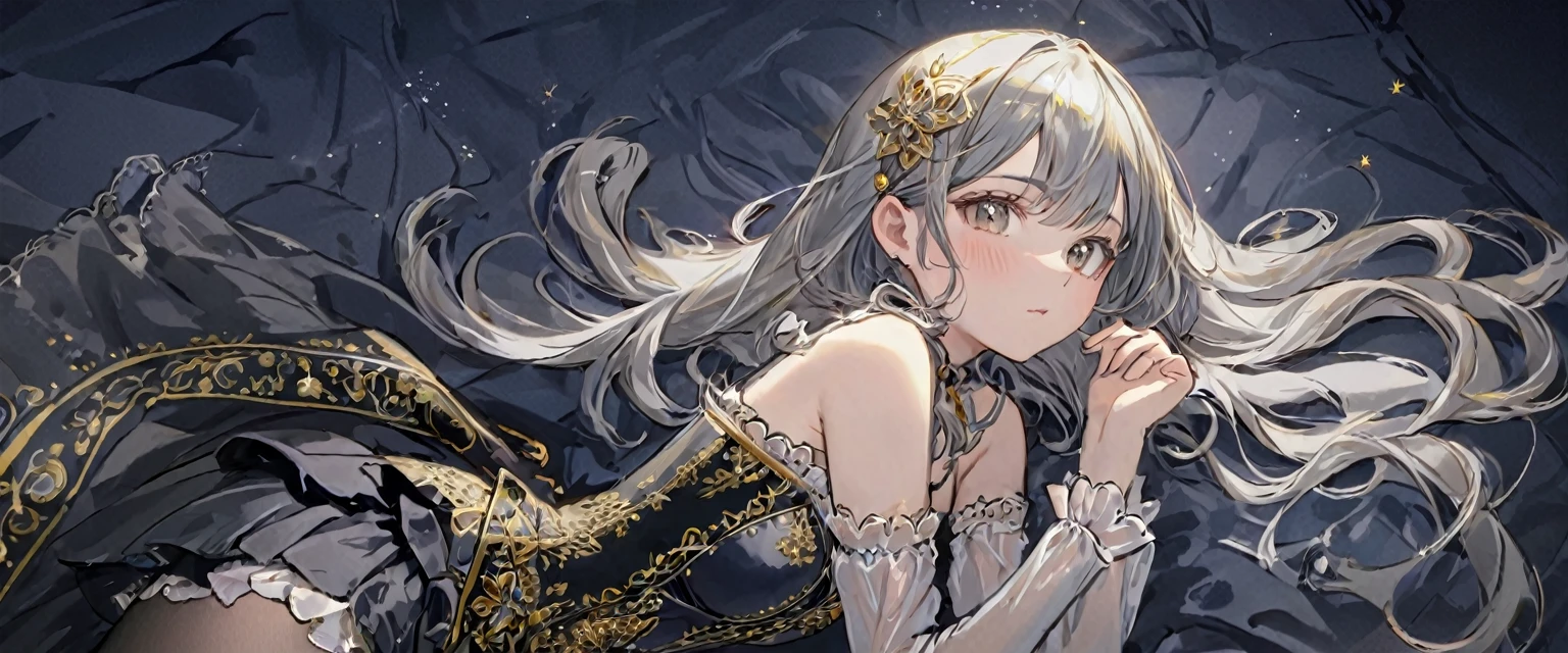 １people、8 year old medieval girl, In underwear、Gold and silver thread embroidery、Knee-length semi-transparent bloomers（Drawers）Wearing、Wearing a semi-transparent corset、Translucent slip, Grey translucent tights、sleep