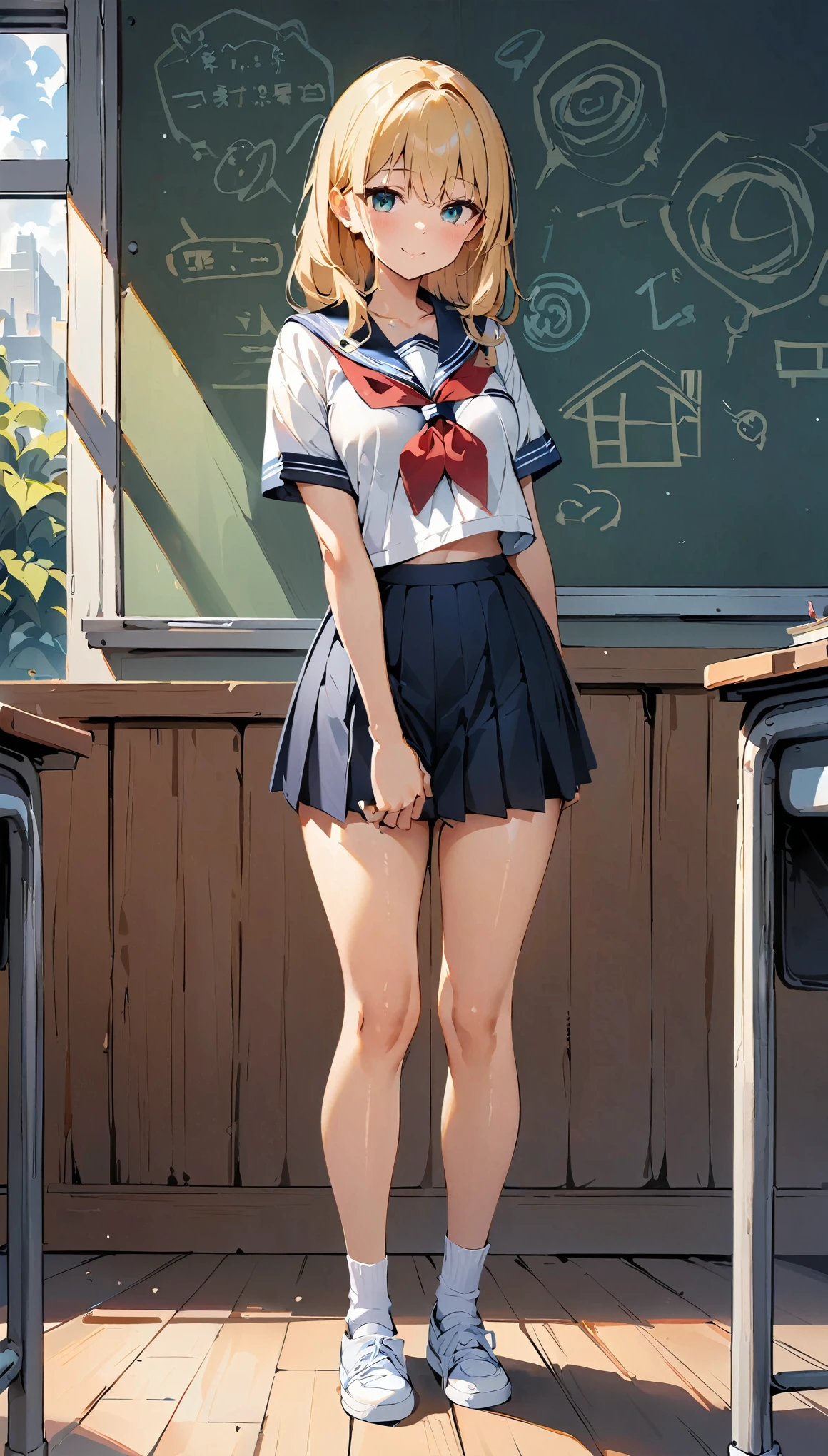Full body view, Standing pose, , Sailor suit, classroom, Blackboard Background, masterpiece:1.2, Highest quality, High Detail.