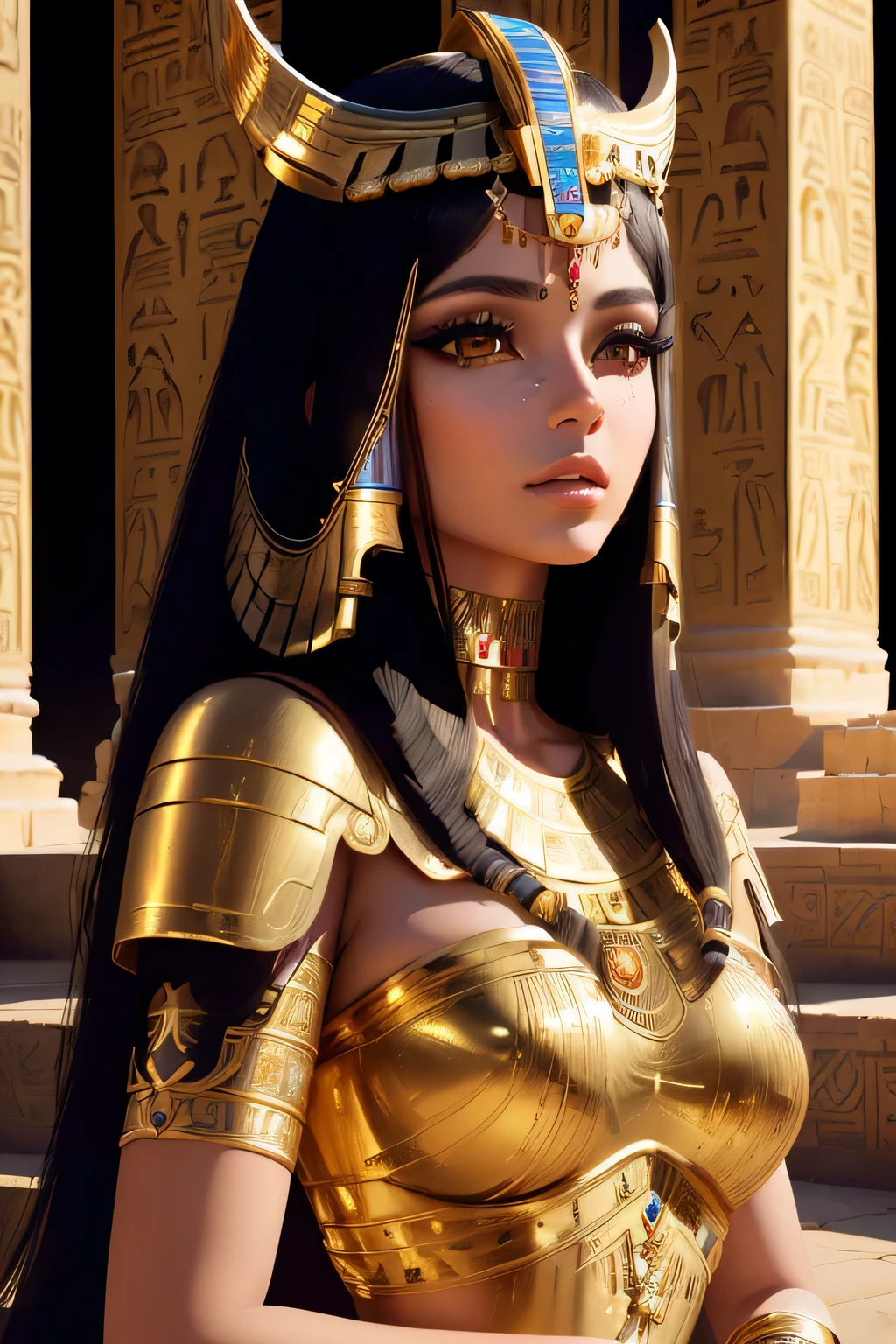 Dressed in gold、Arafi woman wearing horns and gold ornaments, beautiful Cleopatra, Egyptian princess, cinematic goddess close shot, Cleopatra portrait, android girl in Egyptian ruins, cinematic goddess shot, goddess. Extremely high detail, Cleopatra, Egyptian, beautiful goddess, goddess close-up portrait, Unreal Engine Rendering + a goddess, Cleopatra in her palace, portrait of a beautiful goddess
