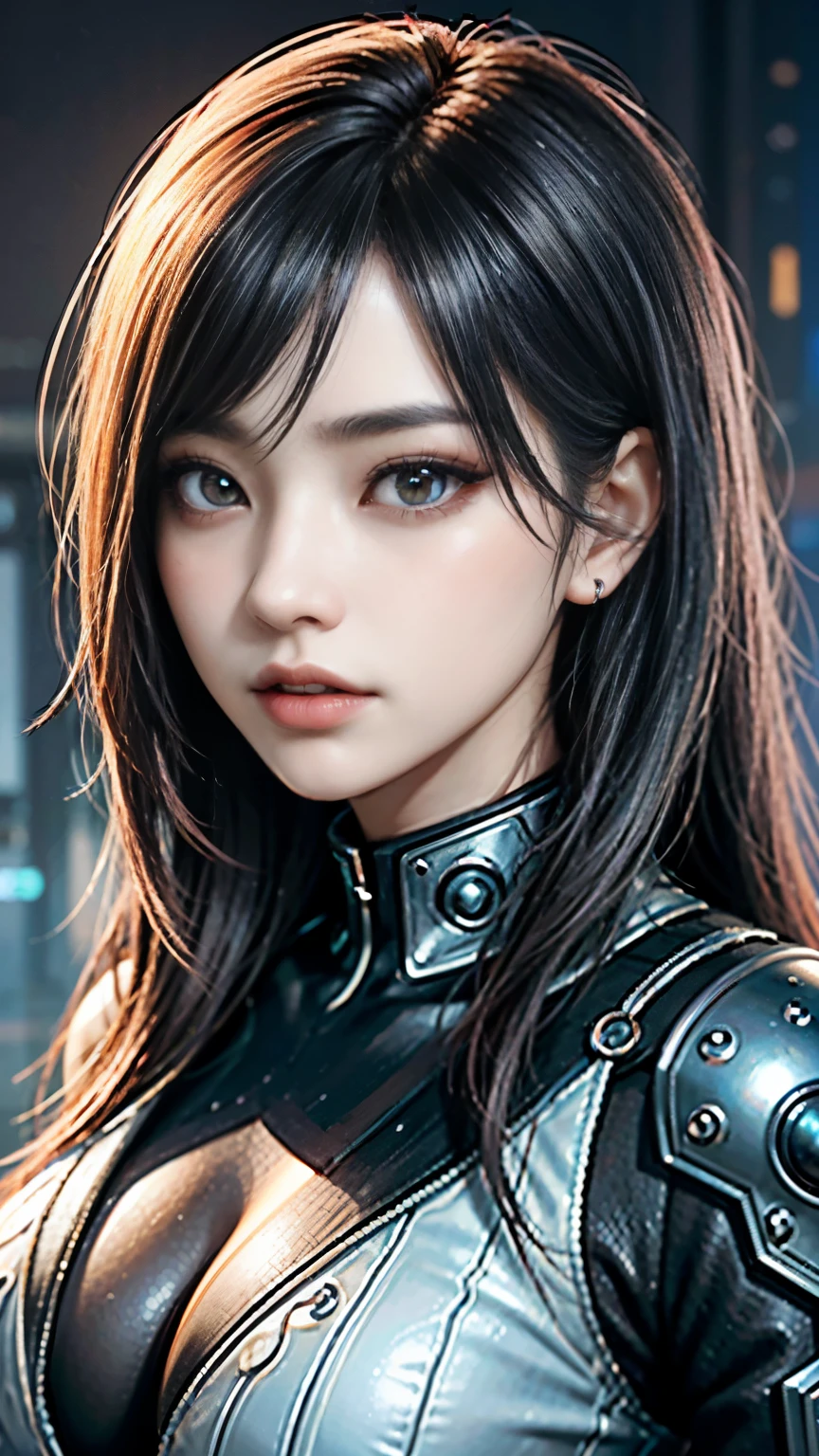 Game Art，Best image quality，Highest Resolution，8K，((Bust photo))，((Portraiture))，((Head close-up))，(Three-part method)，Unreal Engine 5 rendering， (Future Girl)，(Woman warrior)， 22 year old girl，(Female Hacker)，(Gray Hair，Ancient oriental hairstyle)，((Red eye pupil:1.3))，(Beautiful eyes with attention to detail)，(Big Breasts)，(eye shadow)，Elegant and attractive，Indifference，((anger))，(A futuristic cyberpunk jacket，joint armor，The clothes are decorated with intricate Chinese patterns.，Gemstone brilliance)，Cyberpunk characters，Futuristic Style， Photo pose，Urban Background，Cinema Lighting，Ray Tracing，Game CG，((3D Unreal Engine))，OC Rendering Reflective Pattern