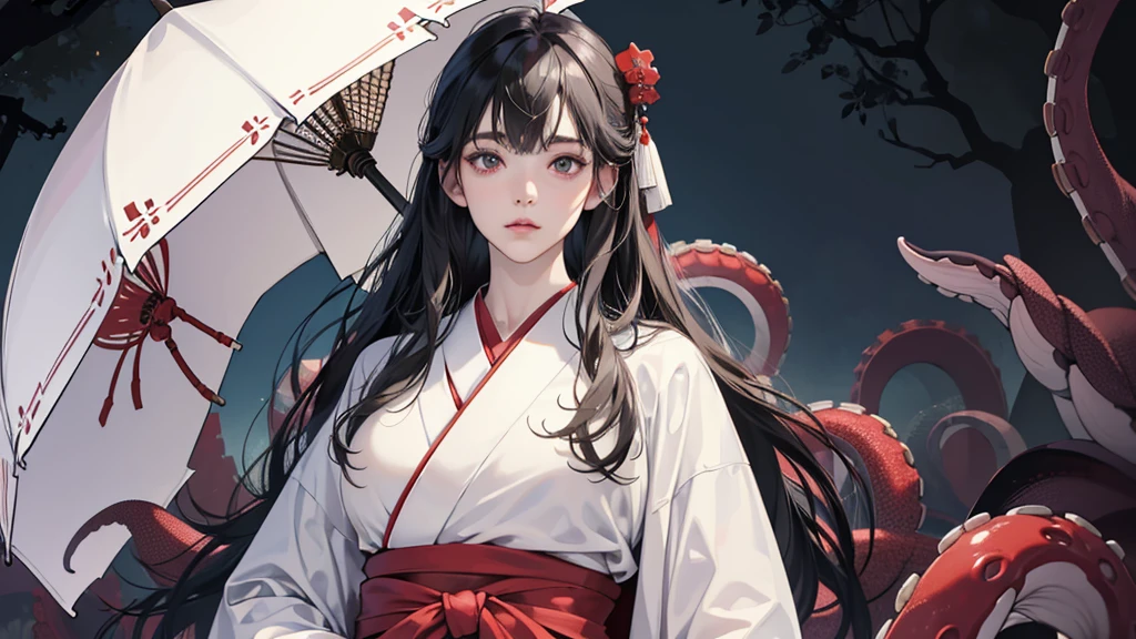 (perfect anatomy:1.2)(absurdres, highres, ultra detailed),masterpiece,best quality,high resolution,8K,Realistic face,Realistic skin texture,magnified textures, stunning clarity,(1 girl),detailed anime girl,japanese lowteen girl,ultra detailed eyes and face,(black hair),long hair,creepy swamp,mysterious eyes,midnight,(tentacles in the background:1.2),pale skin,Japanese shrine maiden, ,(white kimono),(red hakama) thin body type,big breasts,(expressionless:1.2),(from front),upper body,,Daytime,look at viewer