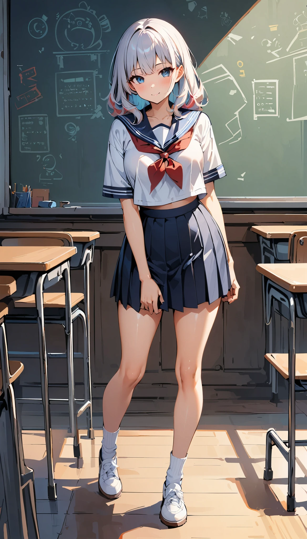 ((masterpiece)),(perfect anatomy),((best quality)),((ultra-detailed)),(illustration),(high resolution),((Latina)),((strong dark skin)),((gyaru)),((stylish)),((gorgeous)),((semirealistic)),((dark skinned girl)),((Feminine)),(((comic aun))),(((misaki kurehito))),((dutch angle,standing,various shot)),(perfect hands),(delicate and beautiful),(beautiful detailed eyes),female only,8k wallpaper,(high quality artwork),detailed face,beatiful face,((misaki kurehito like face)),masterwork,best quality,incredibly absurdres,hyper intricate,extremely detailed girl,vibrant eyes,ray tracing,((vibrant colors)),detailed legs,((detailed sailor style school uniform)),((detailed black socks)),((mini pleated tartan check skirt)),smirk,indoors,school background,extreamy,sunshine,((multicolored streaked very short hair)),((various very short pixie hair)),highest quality,80mm,ultra detailed,8k,4k,intricate,highly detailed,ambient light3,cinematic composition3,HDR,Accent Lighting,original,highres 