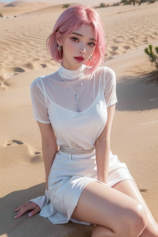 1 girl, Korean model, extremely beautiful, perfect body. Photo taken with Canon EOS R5 85mm f/11 Camera, ((sharp)) mode of people and surrounding scenery. Image quality ((8K)), ((lifelike)), ((masterpiece)), ((sharp and highest contrast)), ((great depth of field)), ((light stereolithography)). ((Pink hair)), long and smooth, the wind blows it beautifully under the bright sunlight. Beautiful face, perfect and sexy, holy, perfectly balanced, ((beautiful in every detail)), ((shiny)), ((high-end cosmetic makeup)), ((shiny bright, radiant)). Bright smile, pure white teeth and details. Seductive glossy red lips, ((brilliant glossy red lipstick)). The eyes are brown, glossy, seductive, ((sharp makeup)), realistic, ((wet eyes)) and detailed. Pink eyeshadow, long eyelashes, blush, high-end cosmetics. Two delicate eyelids, perfectly beautiful and detailed, black eyelashes. Eyebrows are curved, sparse, sharp and detailed. High and detailed nose. Cheeks are prominent and detailed. ((Ivory white, bright white skin)), detailed pores, ((shiny skin)), smooth, rosy, flawless skin texture. Long, shiny legs. Beautiful, perfect hands, ((no flaws)). ((Light shines directly on the face)), bright sunlight, ((shines light on the front part of the girl's body)).
Wear earrings, necklaces, belts, ((thin shirts)), ((shiny leather skirts)), high heels, bracelets.
Close-up photo of girl in the desert, ((hot sand)), hot wind, dazzling, hot, melting, ((watery)), cactus, lonely, magical, dreamy, waiting, ((hope)), ((1 church)).