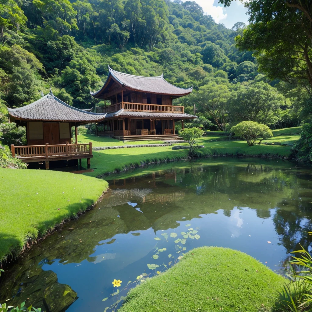a Malay wooden cottage on the top of the grass hills, a shallow crystal clear small river near the hill. some flower bushes grows near the mossy stones along the river, mountain, blue sky,